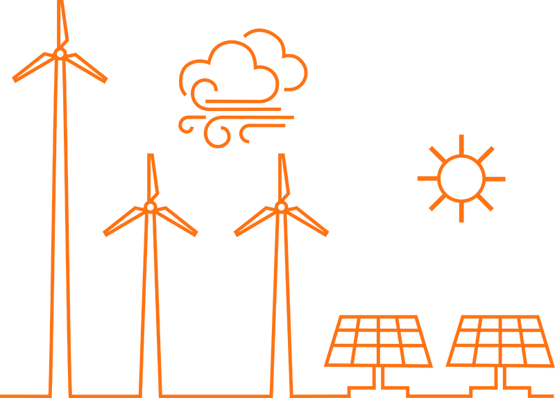 A line drawing of wind turbines, solar panels, clouds and sun.